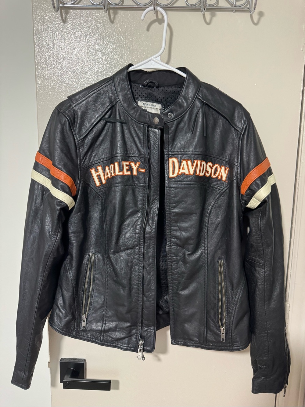 Harley-Davidson Black Leather Jacket with Orange and Cream Stripes-Size Medium
